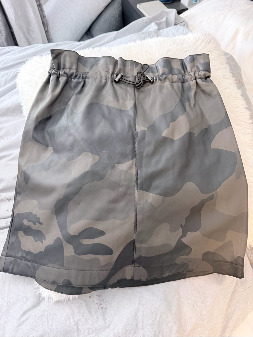 Gray Camo Mini Skirt with Drawstring Waist